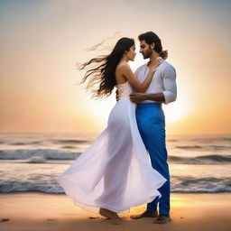 A 25-year-old woman and a 28-year-old man, dressed in a stylish white dress and blue attire respectively, lock in a passionate embrace on a picturesque beach during sunset, with waves lapping at their legs. The man holds a gift, while a figure resembling Lord Krishna watches from the sky.