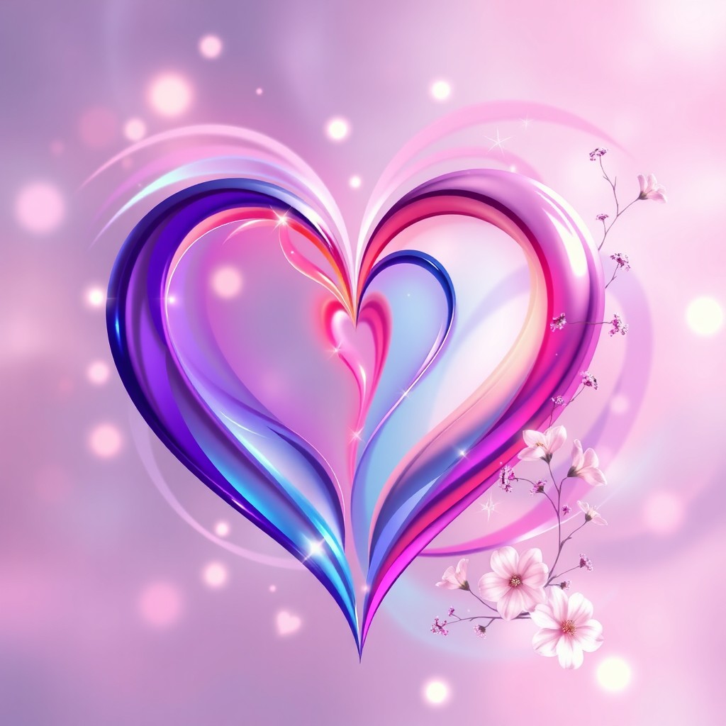A beautiful abstract representation of love, featuring intertwined hearts formed from vibrant colors, swirling around each other