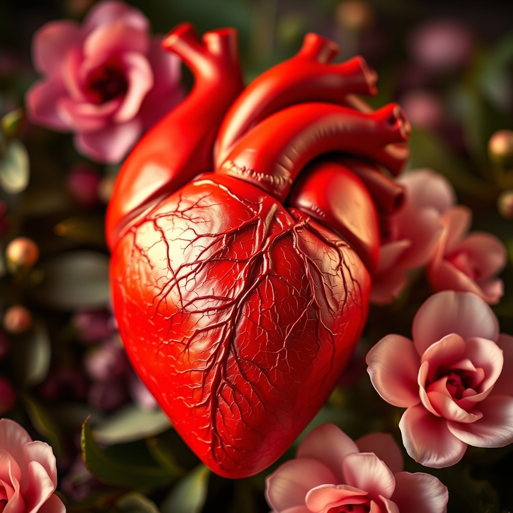 A beautifully detailed image of a heart, anatomically correct and vibrant, surrounded by flowers and foliage