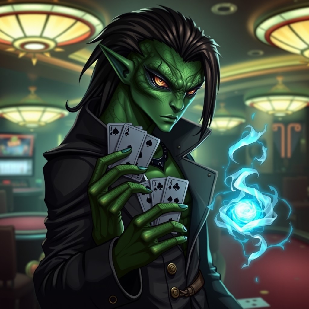 A male Yuan-ti character inspired by Gambit from X-Men, featuring reptilian skin with shades of green and brown