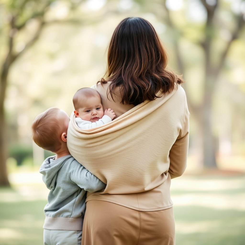 A serene scene featuring a mother, her baby, and a 2-year-old toddler, all with their backs facing the viewer