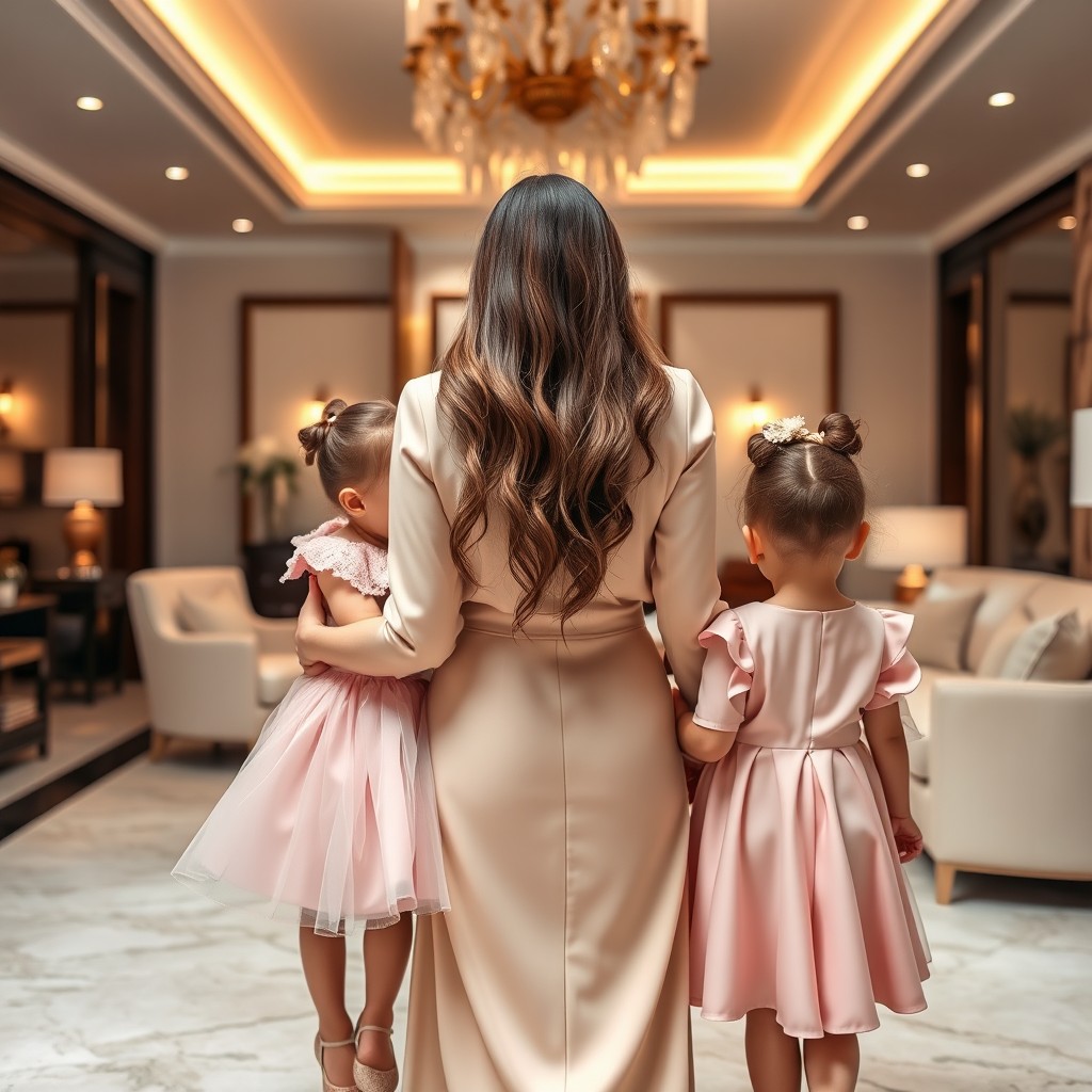 A serene scene featuring a mother and her two daughters: a baby girl and a two-year-old toddler, all with their backs turned to the viewer