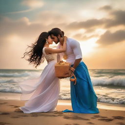 A 25-year-old woman and a 28-year-old man, dressed in a stylish white dress and blue attire respectively, lock in a passionate embrace on a picturesque beach during sunset, with waves lapping at their legs. The man holds a gift, while a figure resembling Lord Krishna watches from the sky.