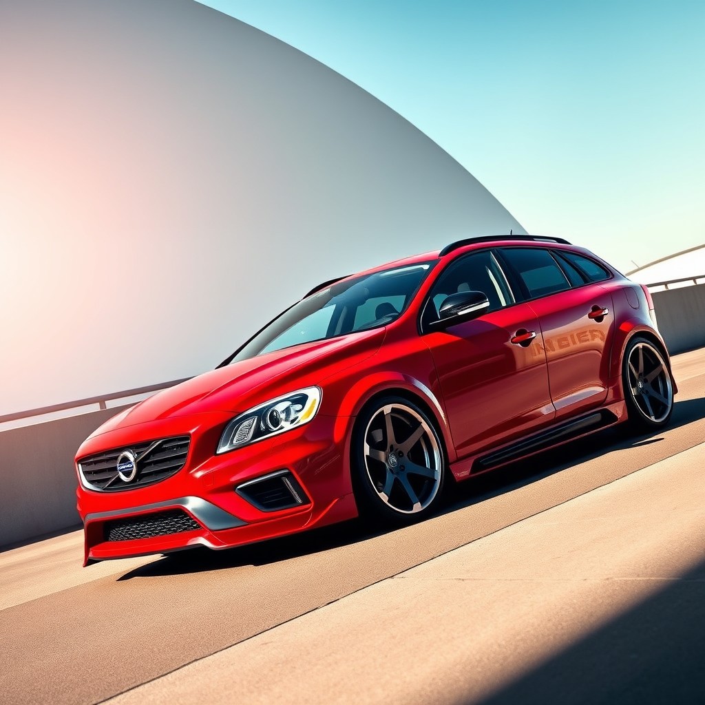 A striking red 2013 Volvo V60 featuring a dynamic widebody kit that accentuates its sporty design