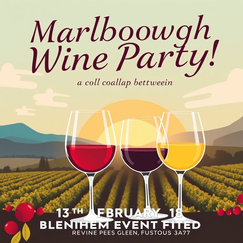 A vibrant and eye-catching poster for the Marlborough Wine Party, showcasing a dynamic design featuring wine glasses filled with rich, red and white wines and a scenic backdrop of Marlborough vineyards