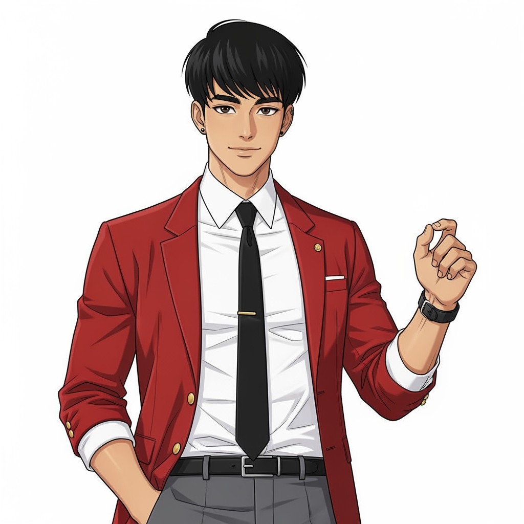 A male original character (OC) with a short, prominent hairstyle in black, showcasing warm-beige skin tone and dark brown irises