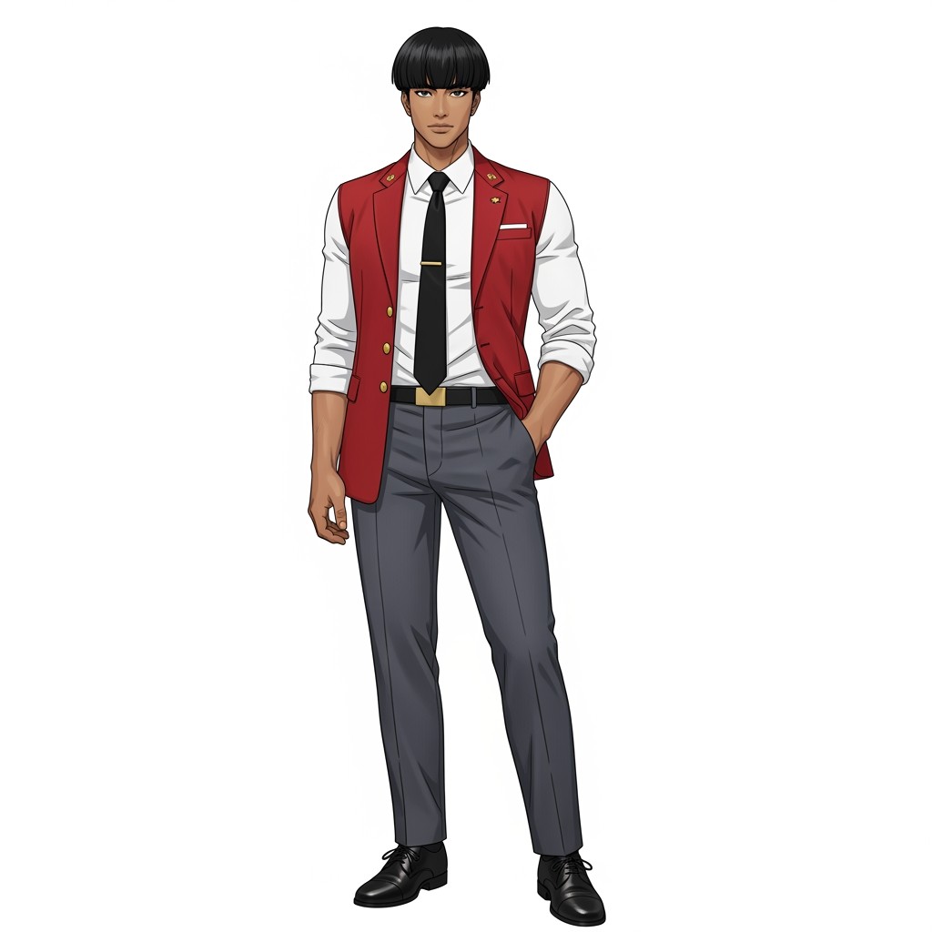 A male original character (OC) with striking black permanent hair styled short and framing his forehead elegantly