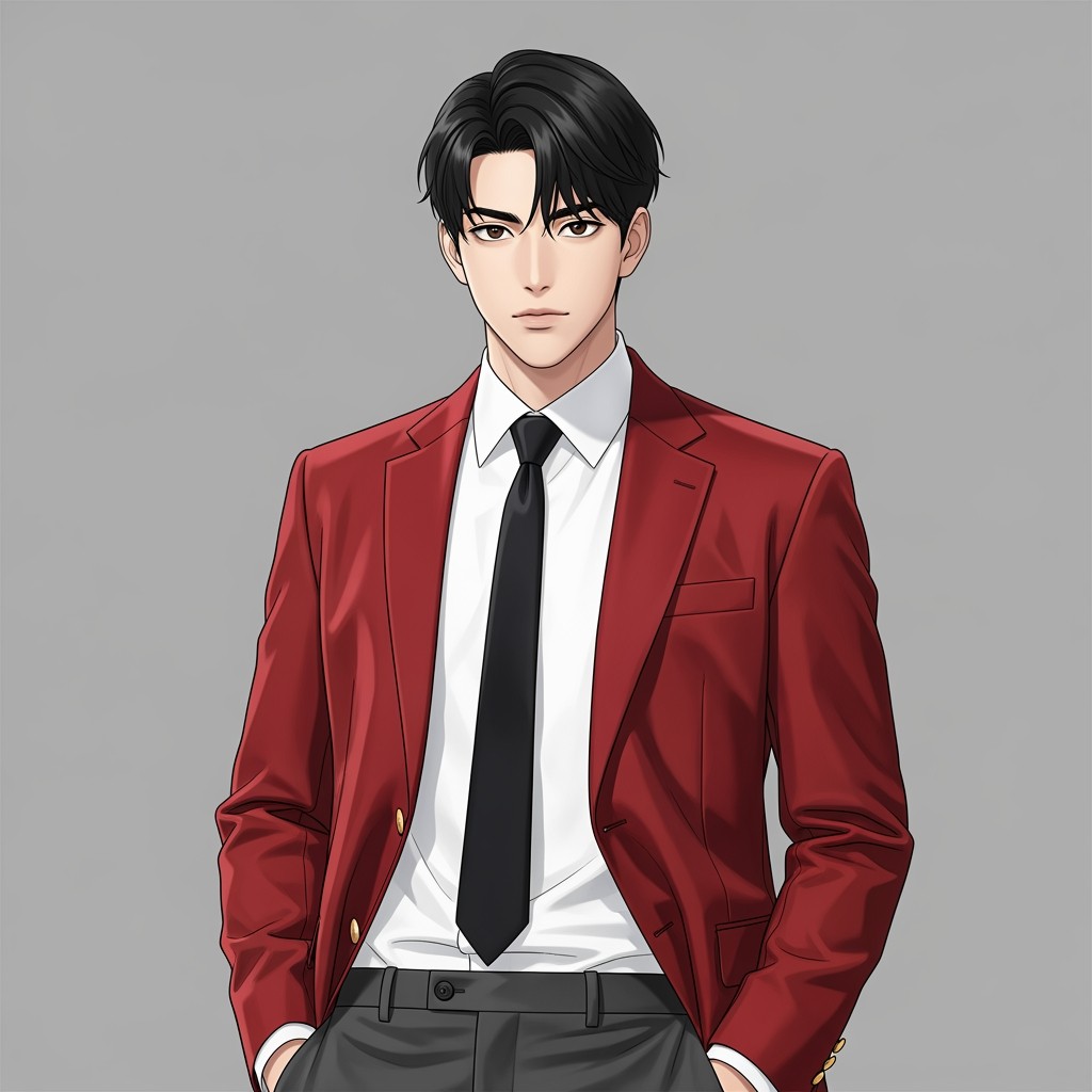 A male original character (OC) with black, permanent hair styled in a short frame around his forehead