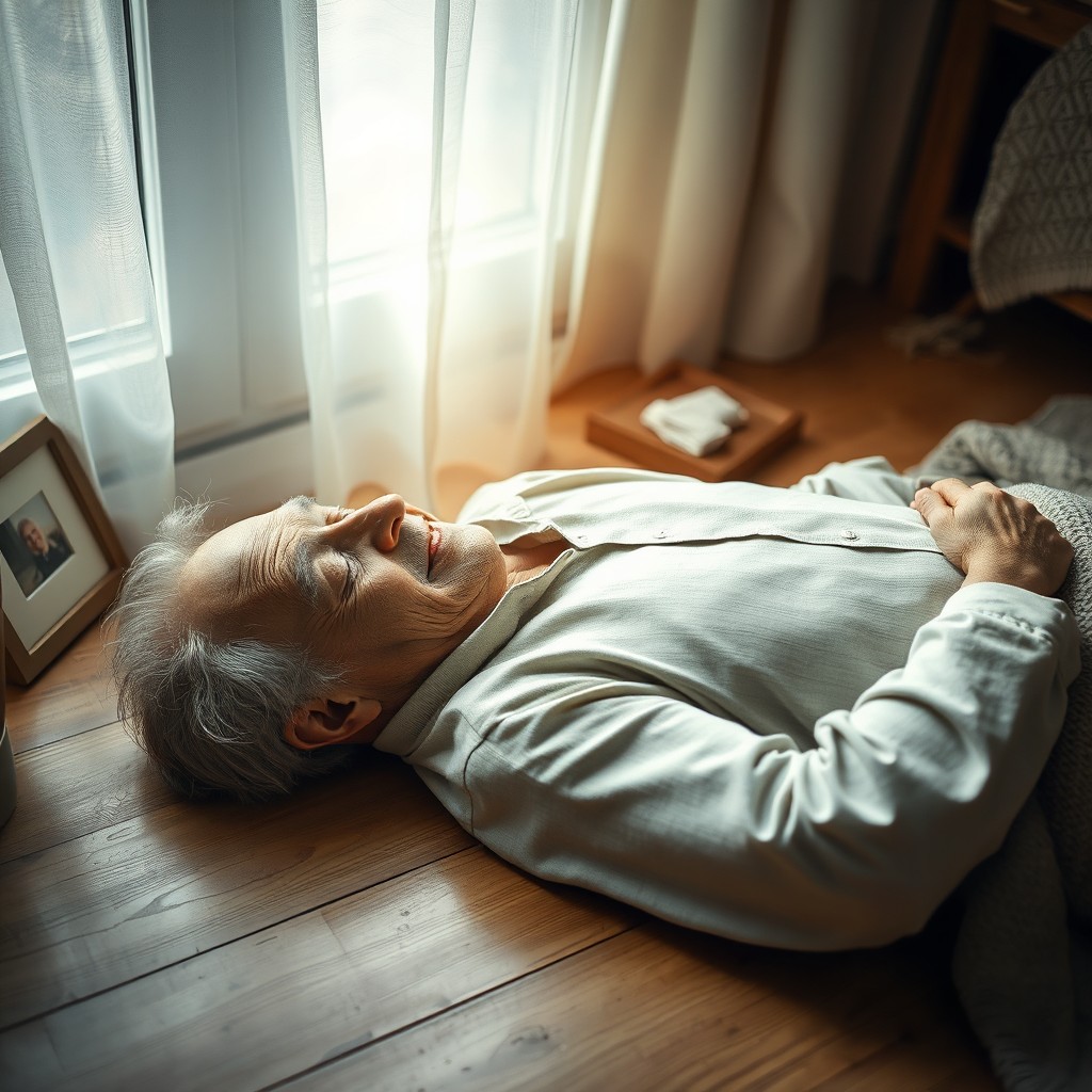 A serene and peaceful scene depicting a 90-year-old man lying on the floor on his back with his eyes closed