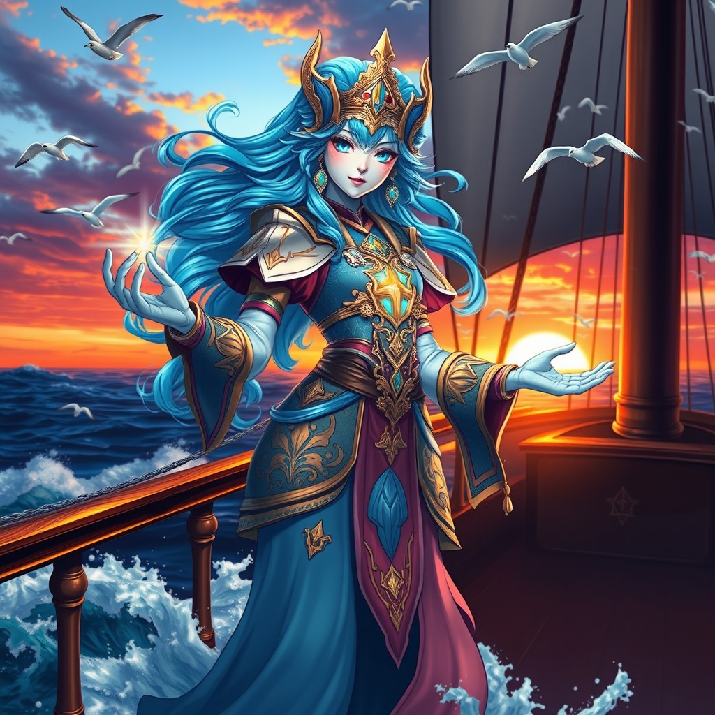 A female water genasi cleric, with skin resembling flowing water and vibrant sea-blue hair that appears to shimmer like sunlight on waves