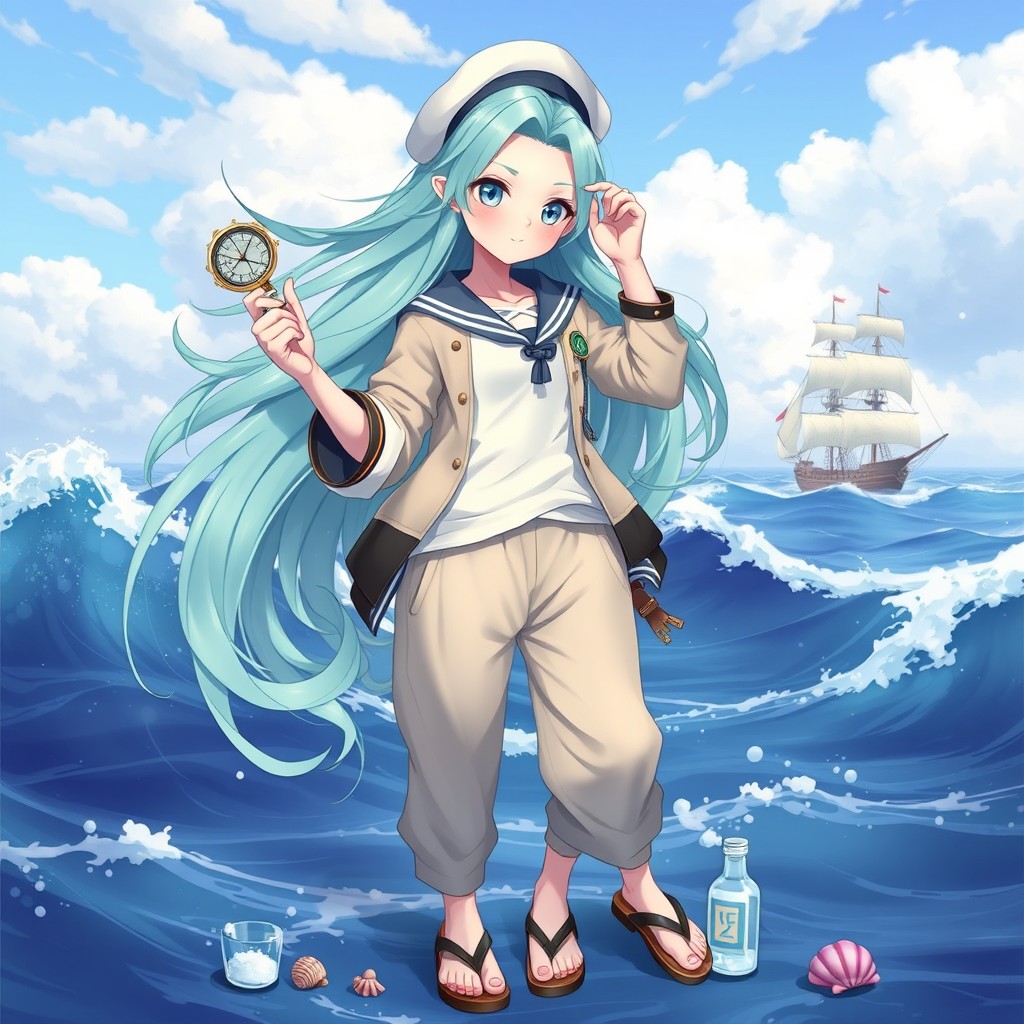 A female water genasi with an ethereal appearance, showcasing skin that shimmers like ocean waves and hair flowing in shades of aquamarine and seafoam