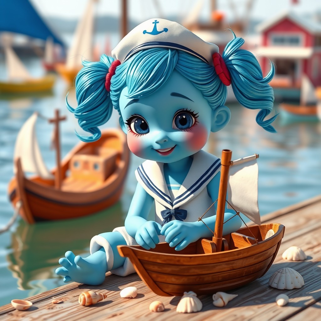 A whimsical depiction of a 5-year-old female water genasi with sparkling blue skin and playful aqua-colored hair styled into playful pigtails