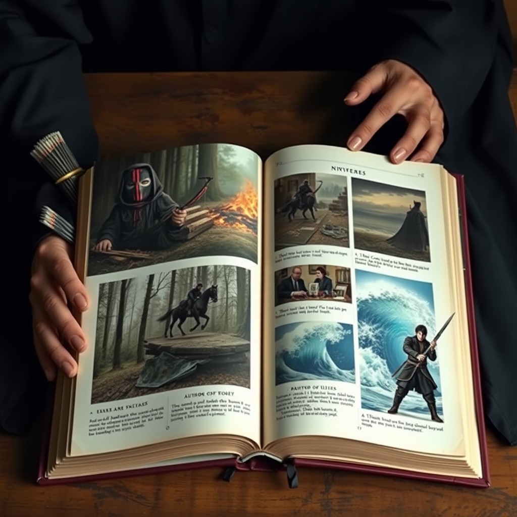 On an old table lies a book held by hands hidden beneath black cloaks