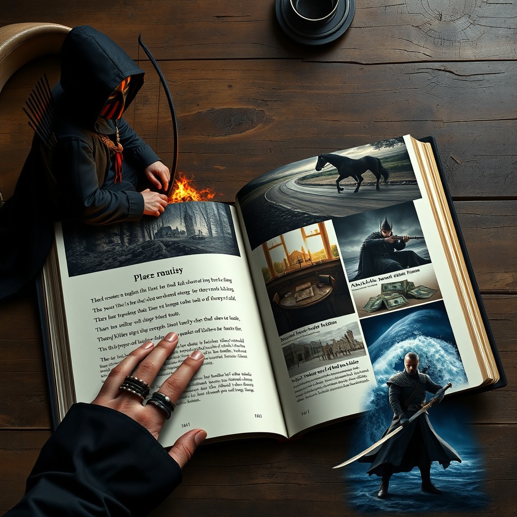 On an old table lies a book held by hands hidden beneath black cloaks