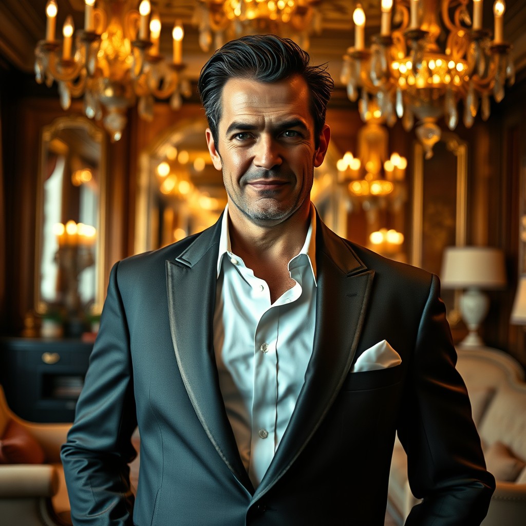 A proud and self-centered man, standing confidently in a luxurious room adorned with opulent decor