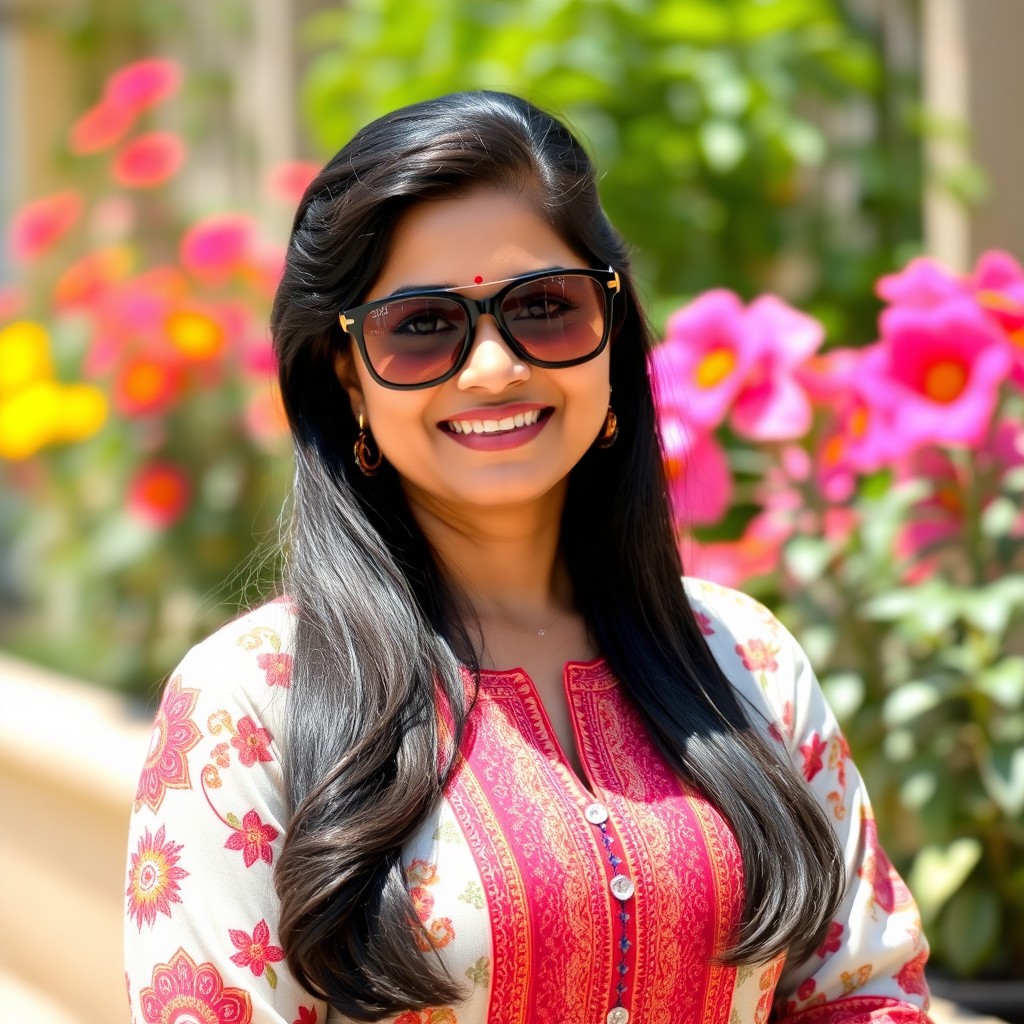 A fashionable Indian aunt wearing stylish sunglasses, exuding confidence and charm