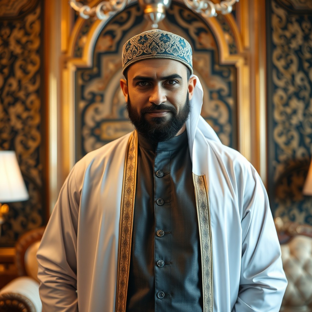 A proud and self-centered Muslim man, standing confidently in a luxurious room adorned with opulent decor