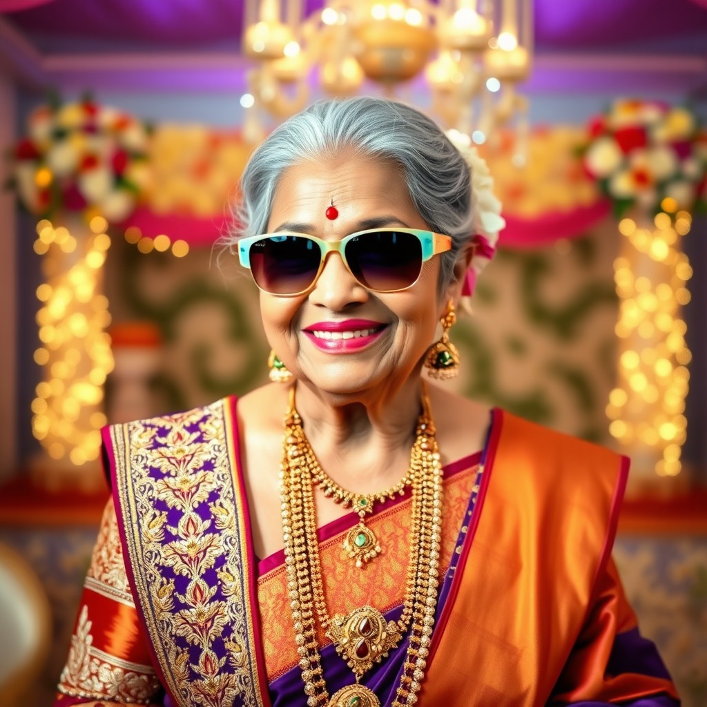 An elderly Indian lady dressed in exquisite wedding attire, adorned with intricate embroidery and traditional jewelry, wearing stylish sunglasses that add a modern twist to her vintage look