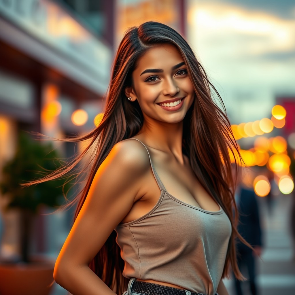 A beautiful young woman with long flowing hair, striking features, and a radiant smile