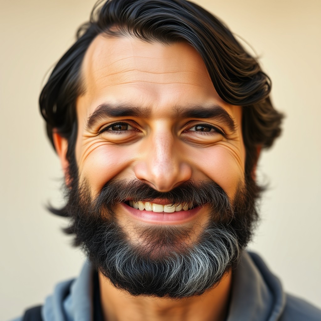 A dual-faced Greek man with black hair, one side of his face is clean-shaven featuring a warm, pleasant smile, while the other side is ruggedly bearded with a sly, mischievous grin