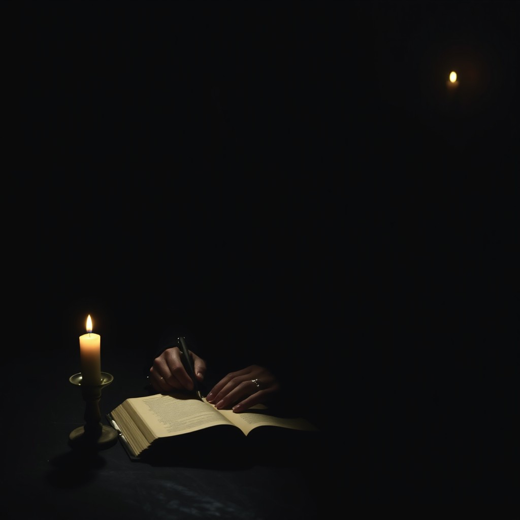 In a dark room, a silhouette sits at a table, draped in a dark cloak