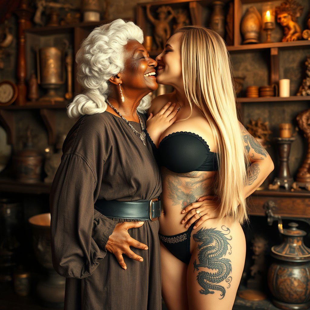 In a medieval room filled with various relics, a heartwarming and intimate scene features a joyful black African woman, 90 years old and petite, with a white colonial judge wig, happily kissing a beautiful 27-year-old blonde woman