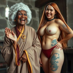 In a medieval room, a jubilant 90-year-old African woman, short and slightly malnourished, wears a traditional white 18th-century colonial judge wig and smiles widely with her mouth open