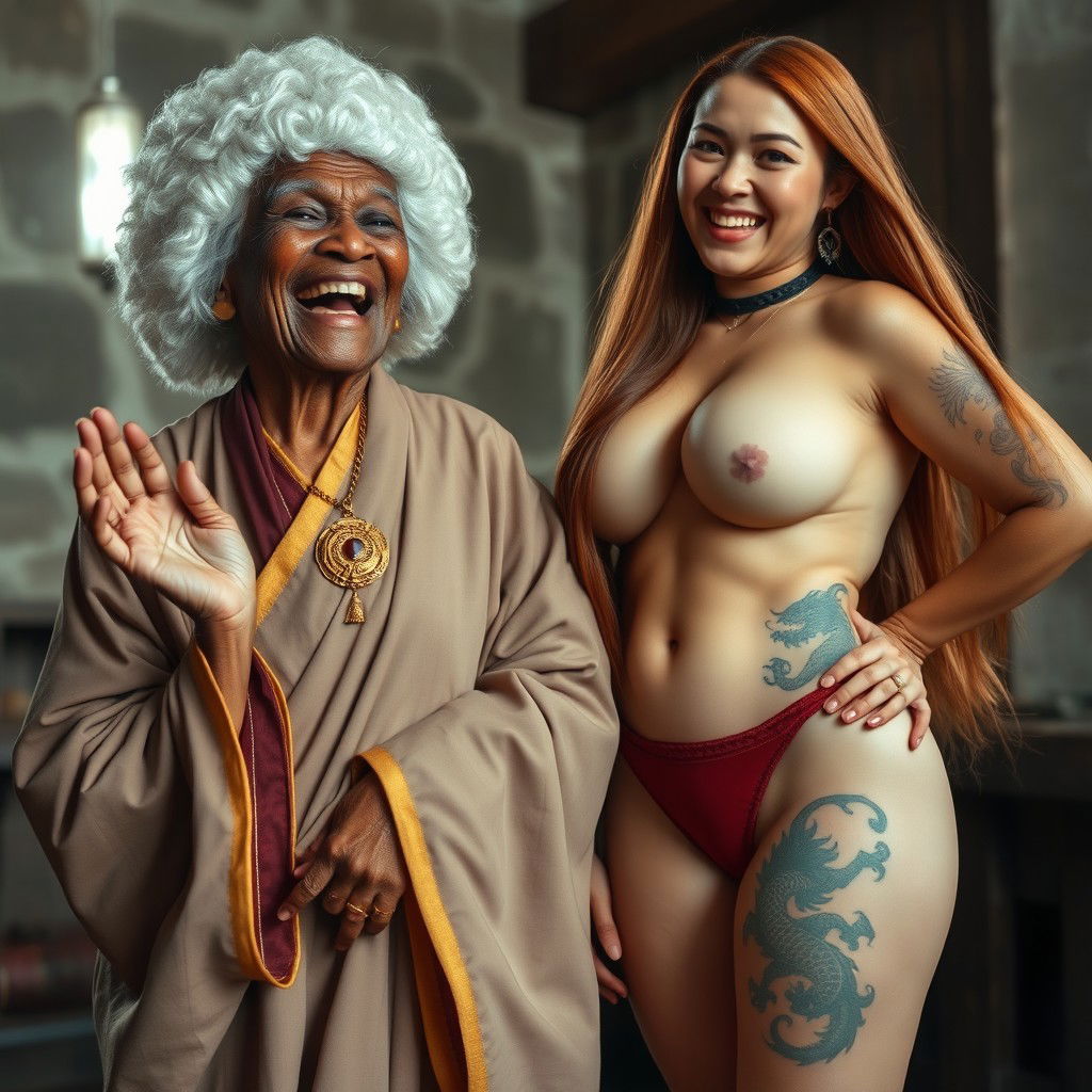 In a medieval room, a jubilant 90-year-old African woman, short and slightly malnourished, wears a traditional white 18th-century colonial judge wig and smiles widely with her mouth open