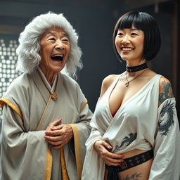 In a medieval room, a 90-year-old Chinese woman, short and undernourished, is joyfully smiling while wearing a white 18th-century colonial judge's wig