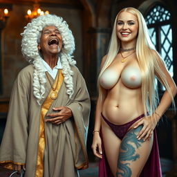 In a medieval room, a 90-year-old African woman, short and undernourished, is joyfully smiling while wearing a white 18th-century colonial judge's wig