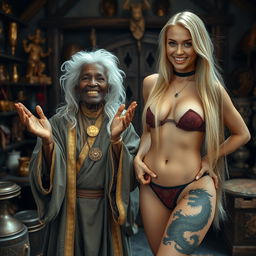 In a medieval room adorned with various relics, a short, emaciated 90-year-old African woman joyfully claps her hands