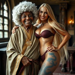 In a medieval room, an African woman aged 90, petite and frail, wears a white colonial judge wig from the 18th century with a joyful smile