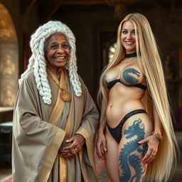 In a medieval room, an African woman aged 90, petite and frail, is wearing a white colonial judge wig from the 18th century, displaying a big, joyful smile