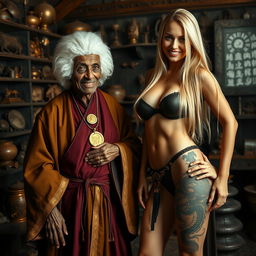 In a medieval room filled with numerous relics, a 90-year-old African woman, short and emaciated, has a wicked smile as she wears a white colonial judge wig from the 18th century