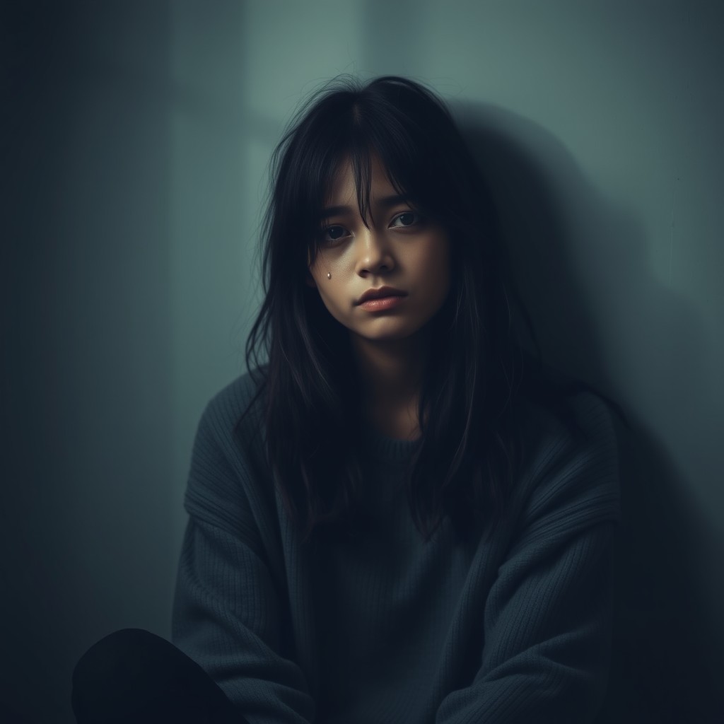 A somber portrait of a young woman sitting alone in a dimly lit room, her expression reflecting deep sadness and introspection