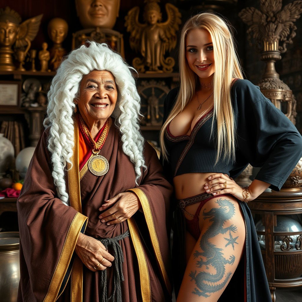 In a medieval room adorned with various relics, a 90-year-old African woman, petite and undernourished, beams with joy as she wears a white colonial judge wig from the 18th century