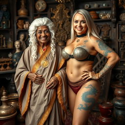 In a richly decorated medieval room filled with various relics, there stands a joyful scene featuring a 90-year-old African woman, petite and slightly malnourished, wearing a white colonial judge wig from the 18th century