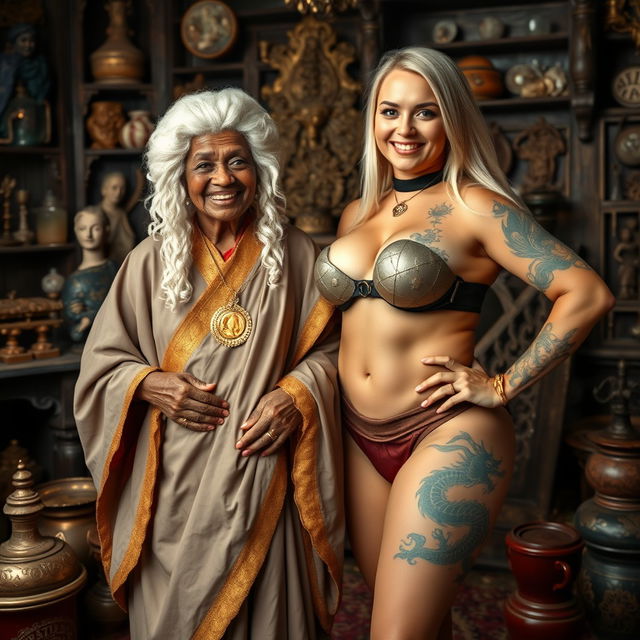 In a richly decorated medieval room filled with various relics, there stands a joyful scene featuring a 90-year-old African woman, petite and slightly malnourished, wearing a white colonial judge wig from the 18th century
