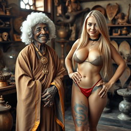 In a medieval room filled with various relics, there is a joyful, petite, emaciated African woman, 90 years old, wearing a white colonial judge wig from the 18th century and smiling happily