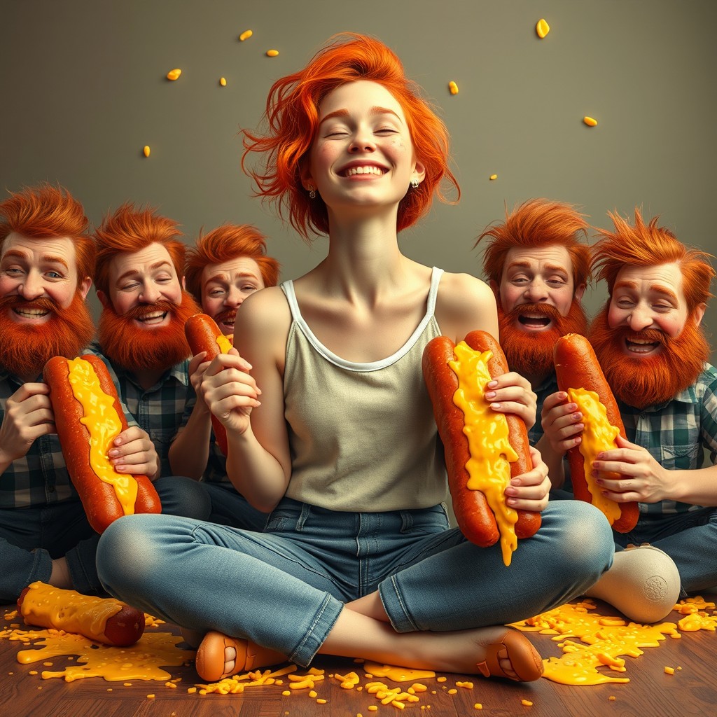 A surreal scene featuring a young woman with red hair and freckles, embodying a playful yet quirky vibe