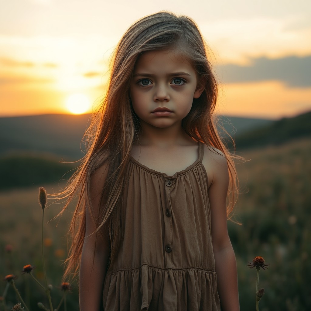 A poignant image of a young girl, with a sorrowful yet hopeful expression, who has lost her parents and is standing in a serene pasture