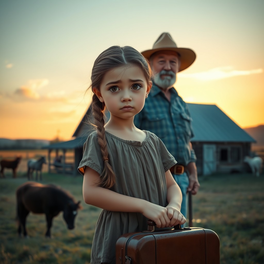 An emotional image depicting a young girl, around 10 years old, with a sad but determined expression, who has lost her parents and is moving in with her grandfather on a farm