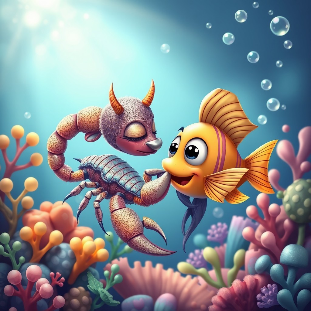 A whimsical and imaginative scene featuring a Scorpio zodiac symbol represented by a beautifully artistic scorpion, surrounded by a colorful underwater world