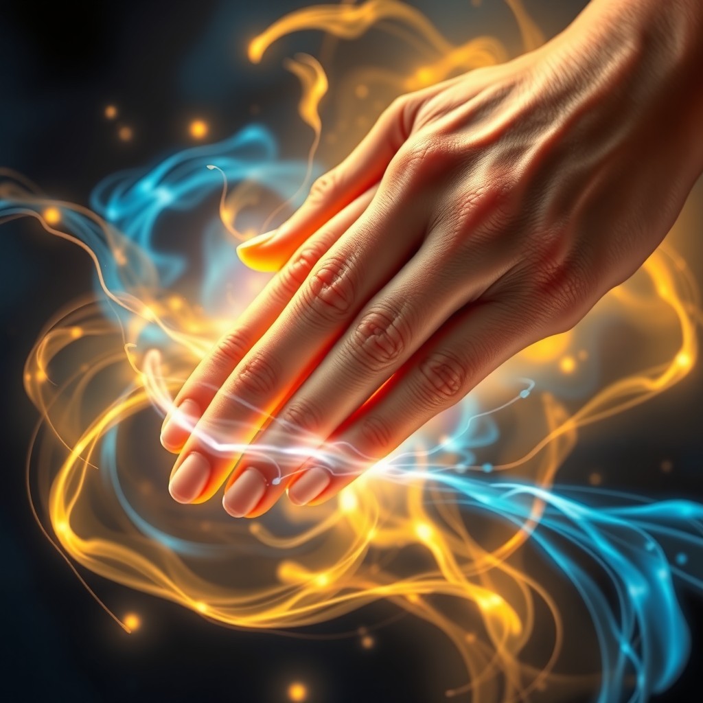 The concept of touch and the strength of human hands, depicted as an ethereal scene where hands are gently caressing vibrant, glowing energy