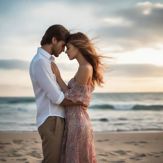 Passionate lovers are locked in a tight embrace, standing on a tranquil seashore.