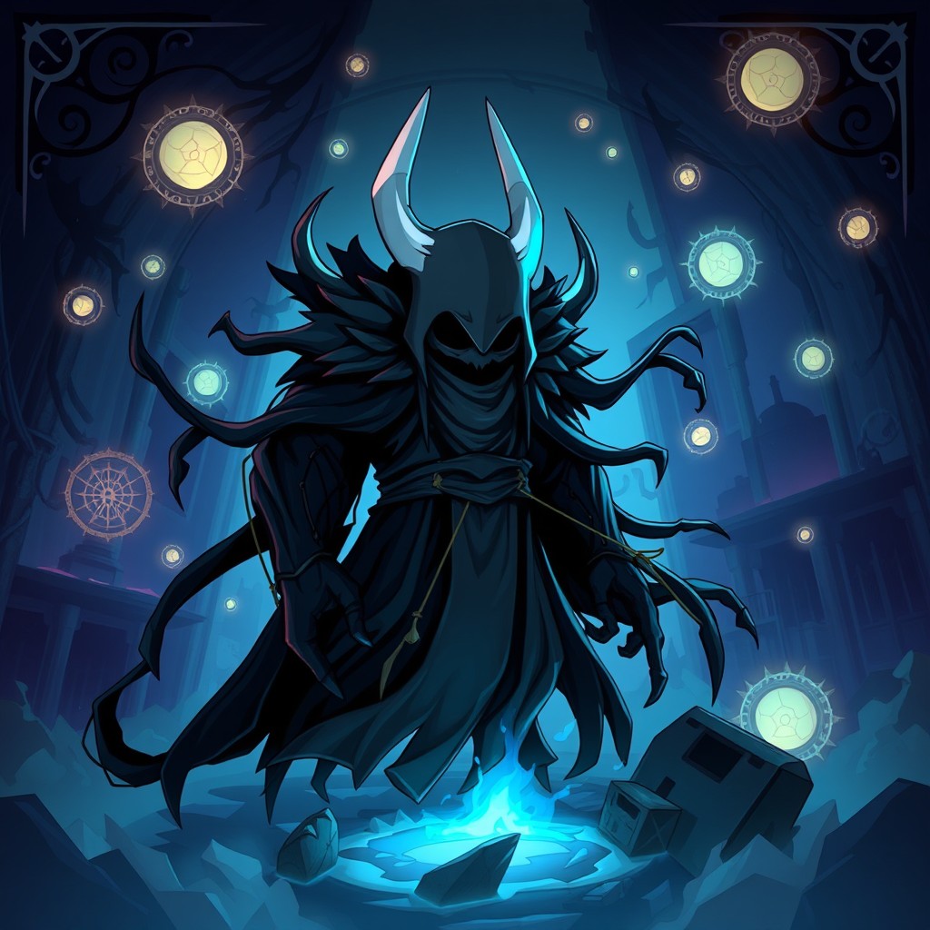 The image depicts a stylized, animated representation of a Hollow Knight boss, showcasing an intricately designed character inspired by the game