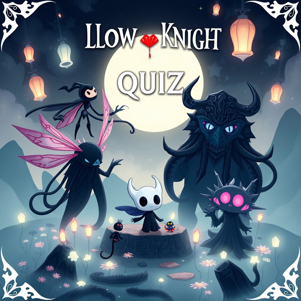 A whimsical and artistic illustration representing a 'Hollow Knight' themed quiz, featuring various bosses from the game in an interactive style