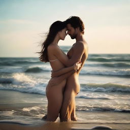 Passionate lovers are locked in a tight embrace, standing on a tranquil seashore.