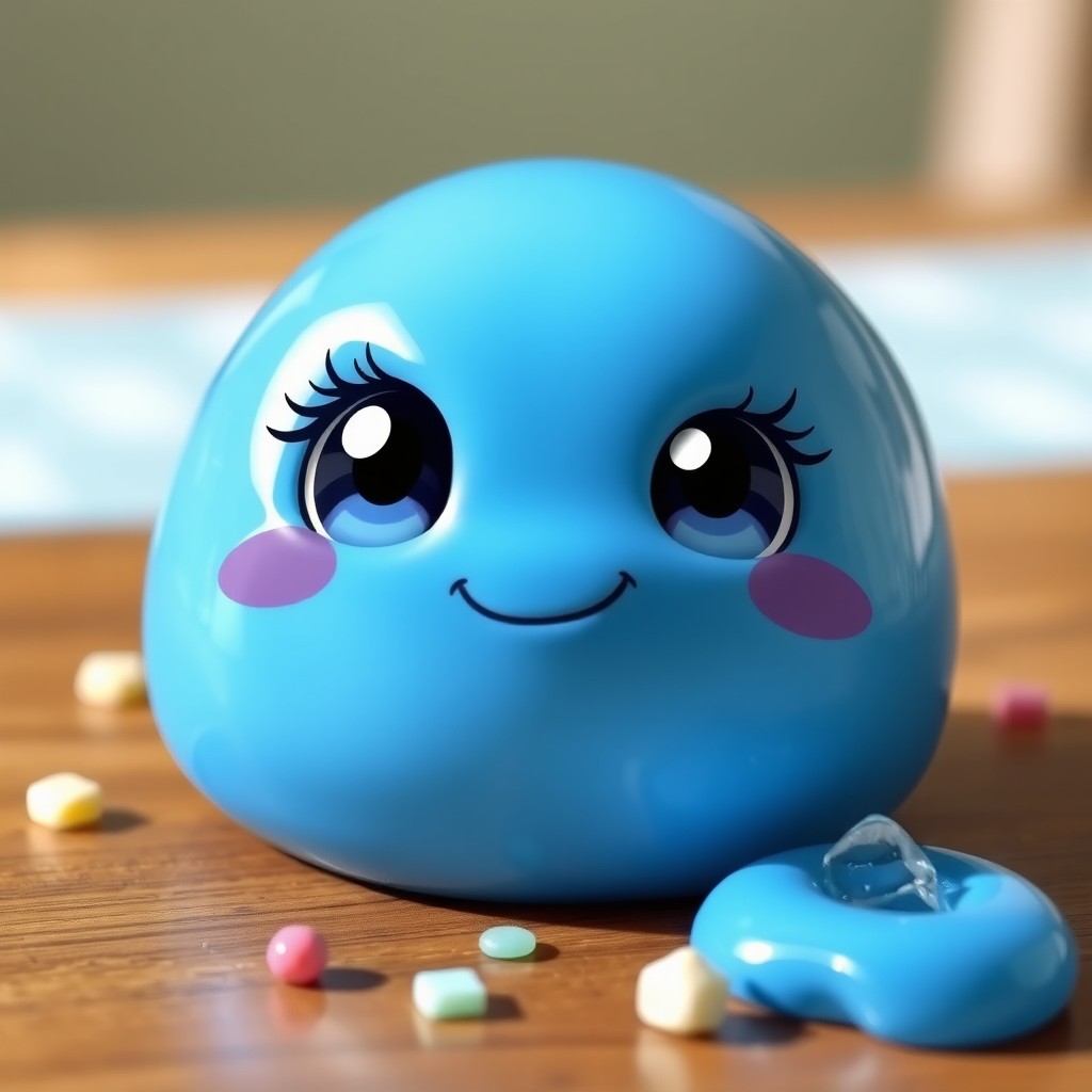 A cute blue cross-eyed slime character with a glossy surface, sitting on a wooden table