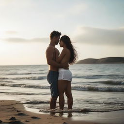 Passionate lovers are locked in a tight embrace, standing on a tranquil seashore.